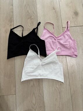 3-Pack Ribbed Lace-Trim Crop Cami - Black, Pink, White